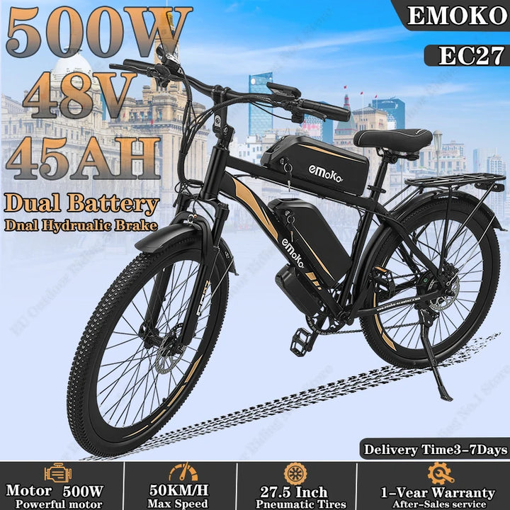 EMOKO EC27 – 500W Electric Mountain & Delivery Bike | 48V 45Ah Dual Removable Batteries | 27.5" Tires | Hydraulic Brakes | Long-Range Adult E-Bike