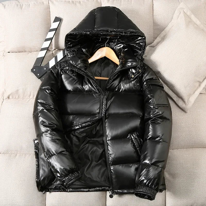 New Winter Bright Down Men Fashion Casual Parkas Coat Thick Warm Glossy White Duck Zipper Male Shiny Hooded Youth Women Jacket