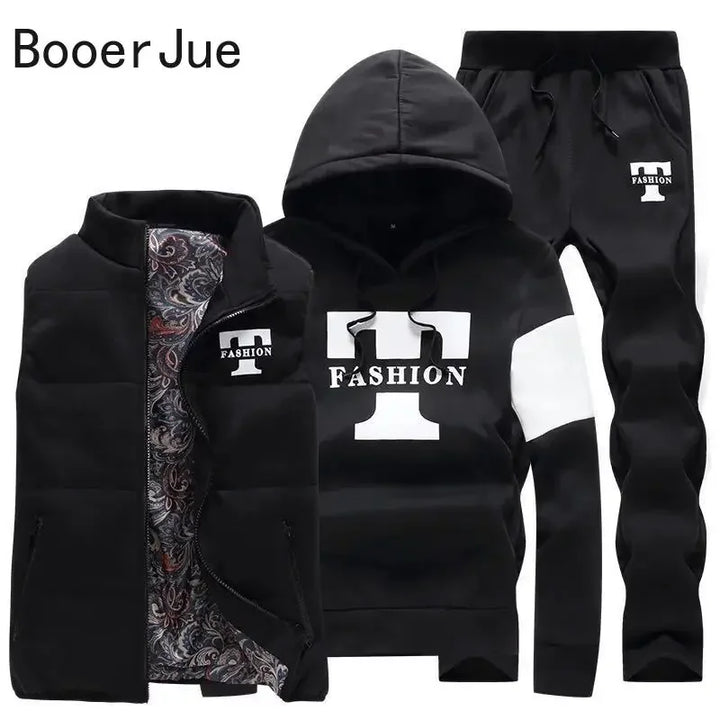 3 Pieces Set Hoodies+Vest+Pants Casual Men's Track Suit Clothing Coats Winter Thick Warm Tracksuit for Men Printed Mens Set Vest